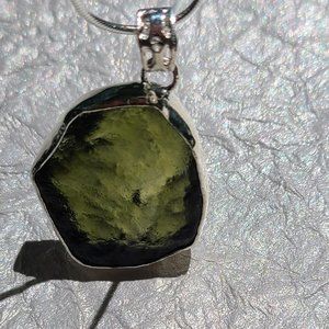 Moldavite Chunky Pendant Necklace Sterling Silver -Raw Genuine Moldavite